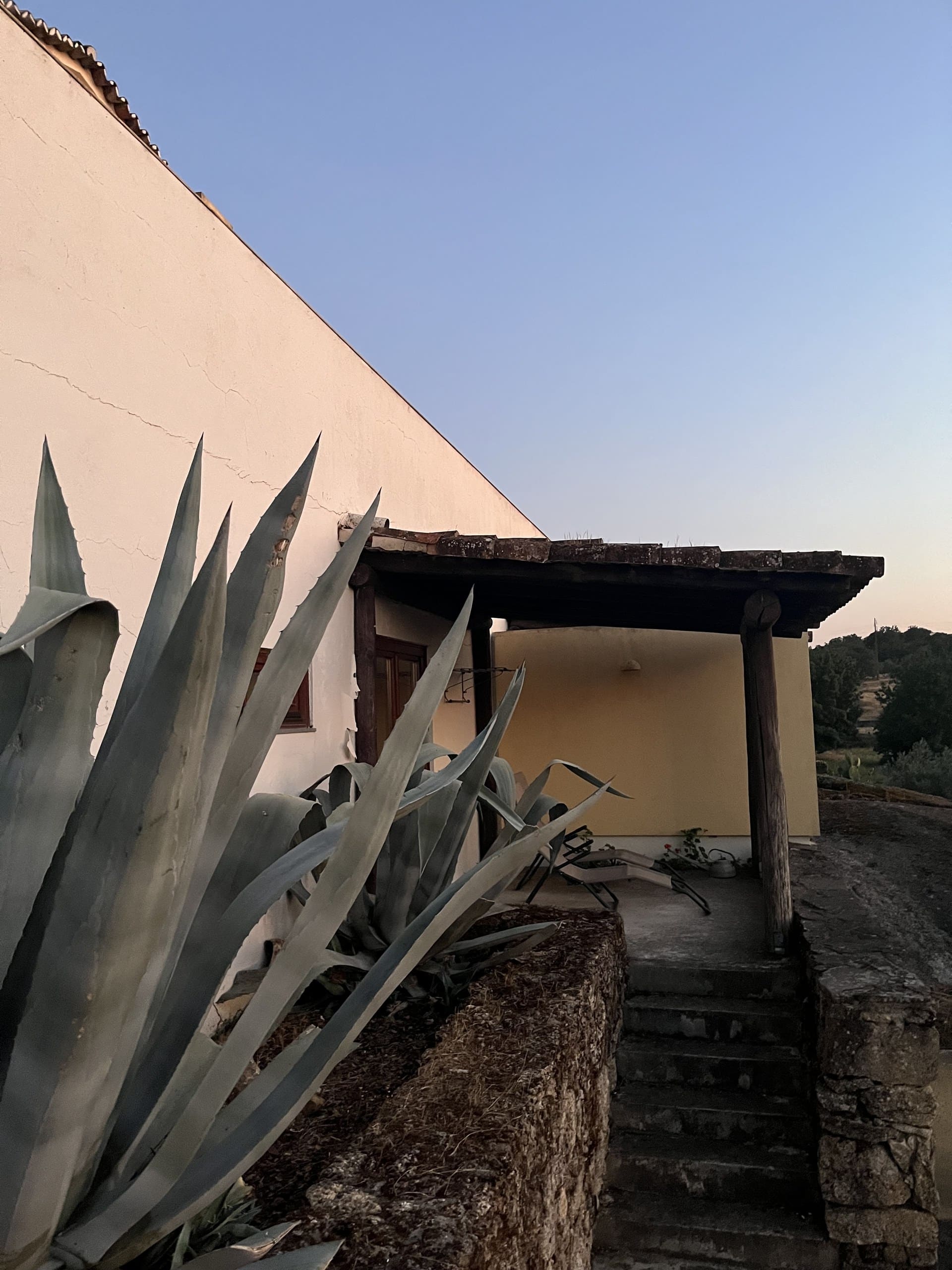 Terrasse der Casa Hridaya im Abendlicht, davor Agaven an der Hauswand.