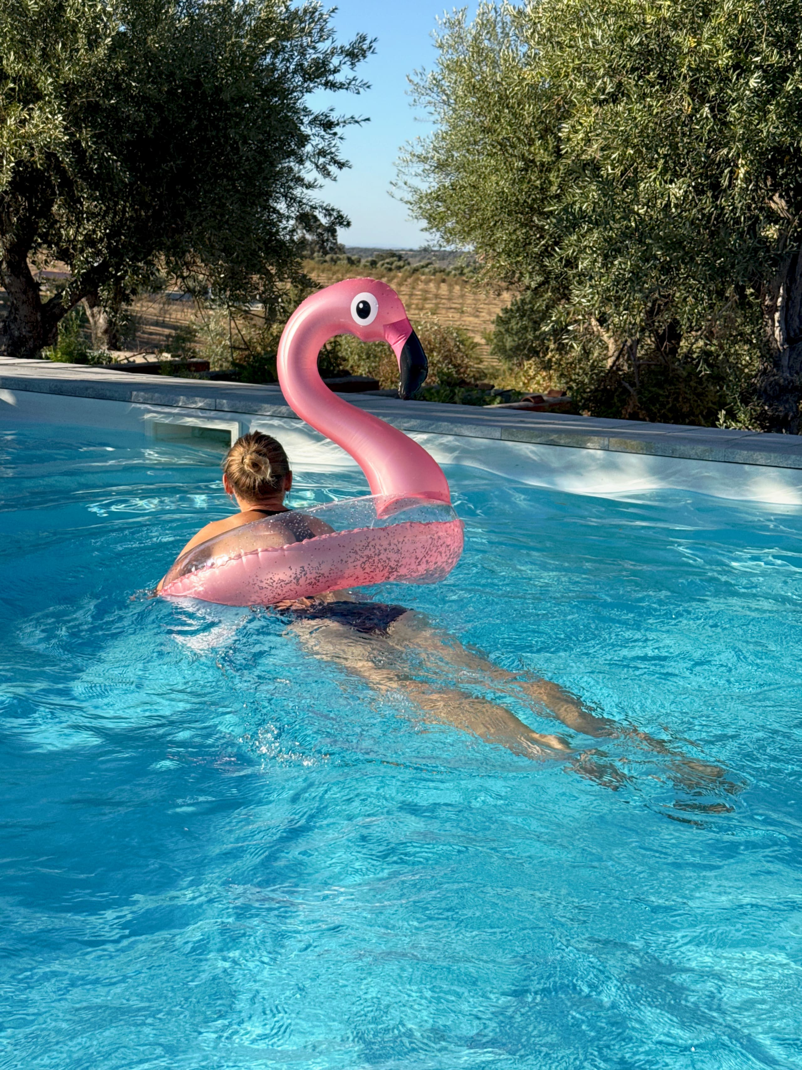 Aufblasbarer Flamingo im Pool.